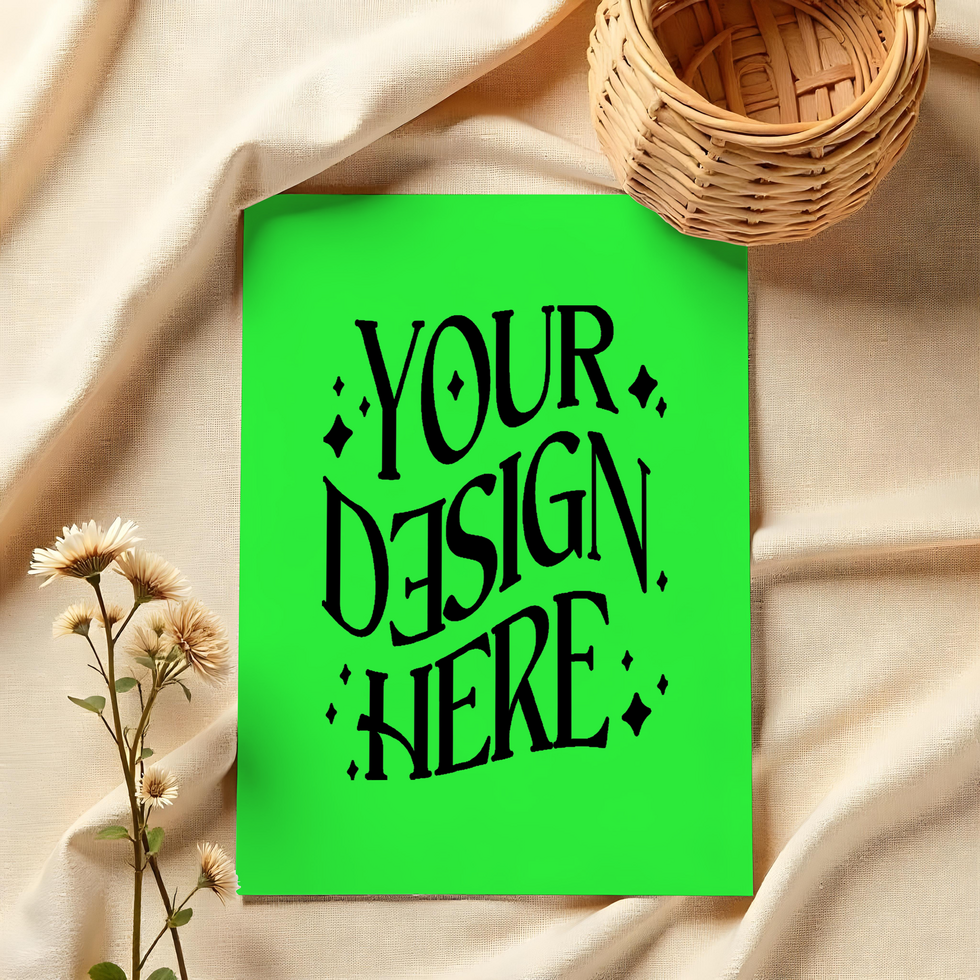 blank card with flower and basket ,card mockup on cloth background, green screen card mockup invitataion mockup card psd