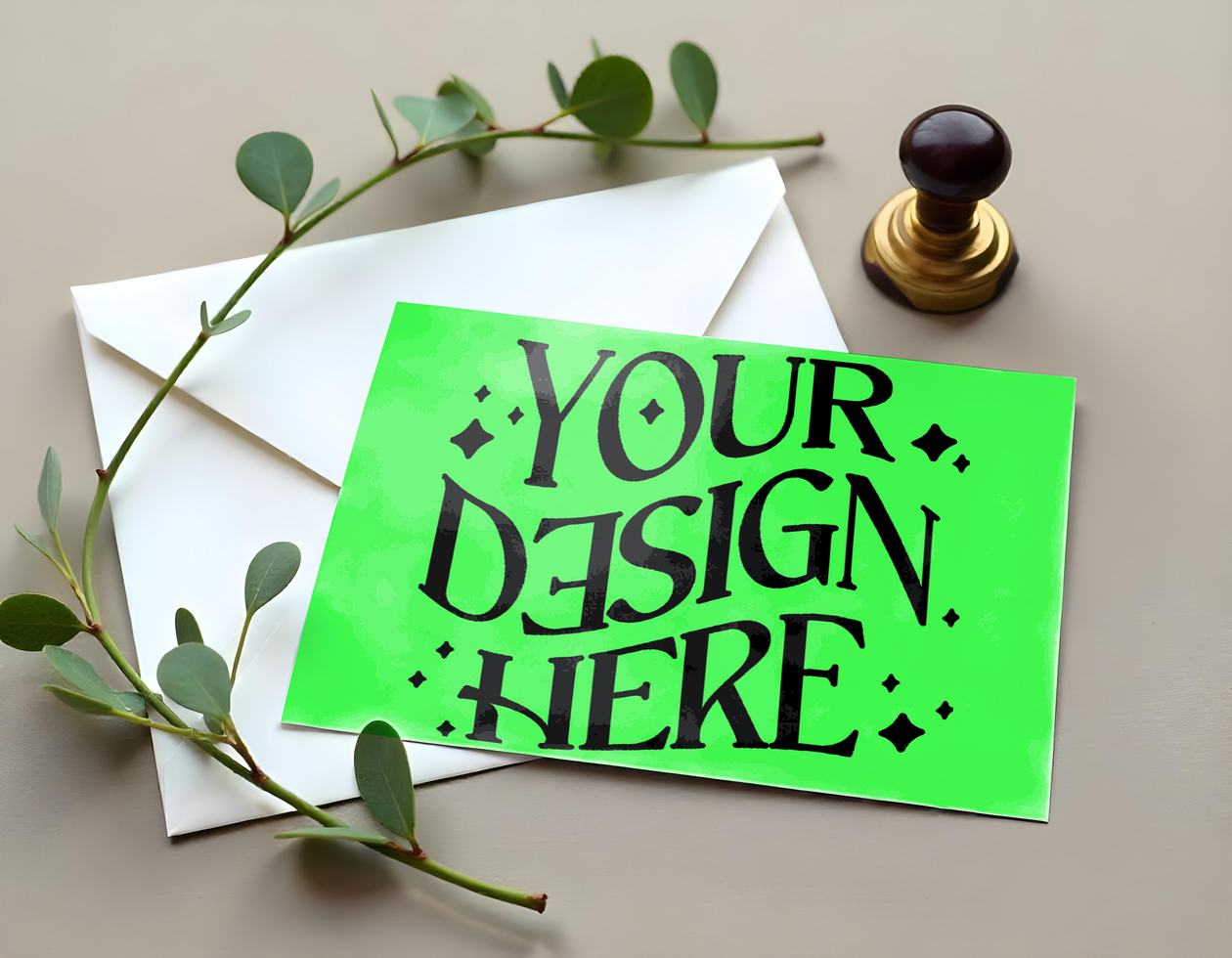 green screen card with envelope seal wax stamp and plant,card mockup, green screen card mockup, invitataion mockup card, paper mockup psd