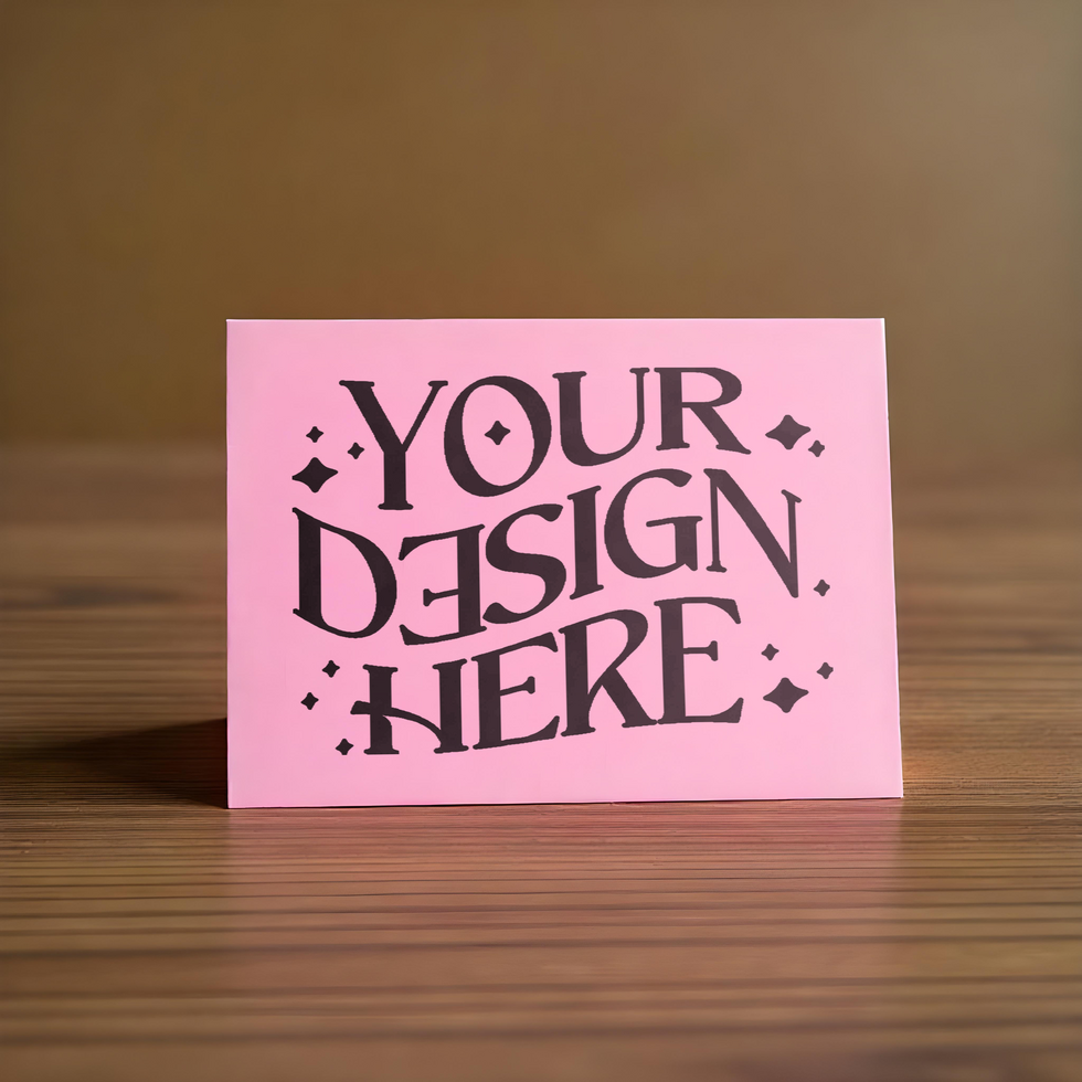 folding pink card mockup on wooden background, invitataion mockup card, paper mockup, pink paper mockup psd