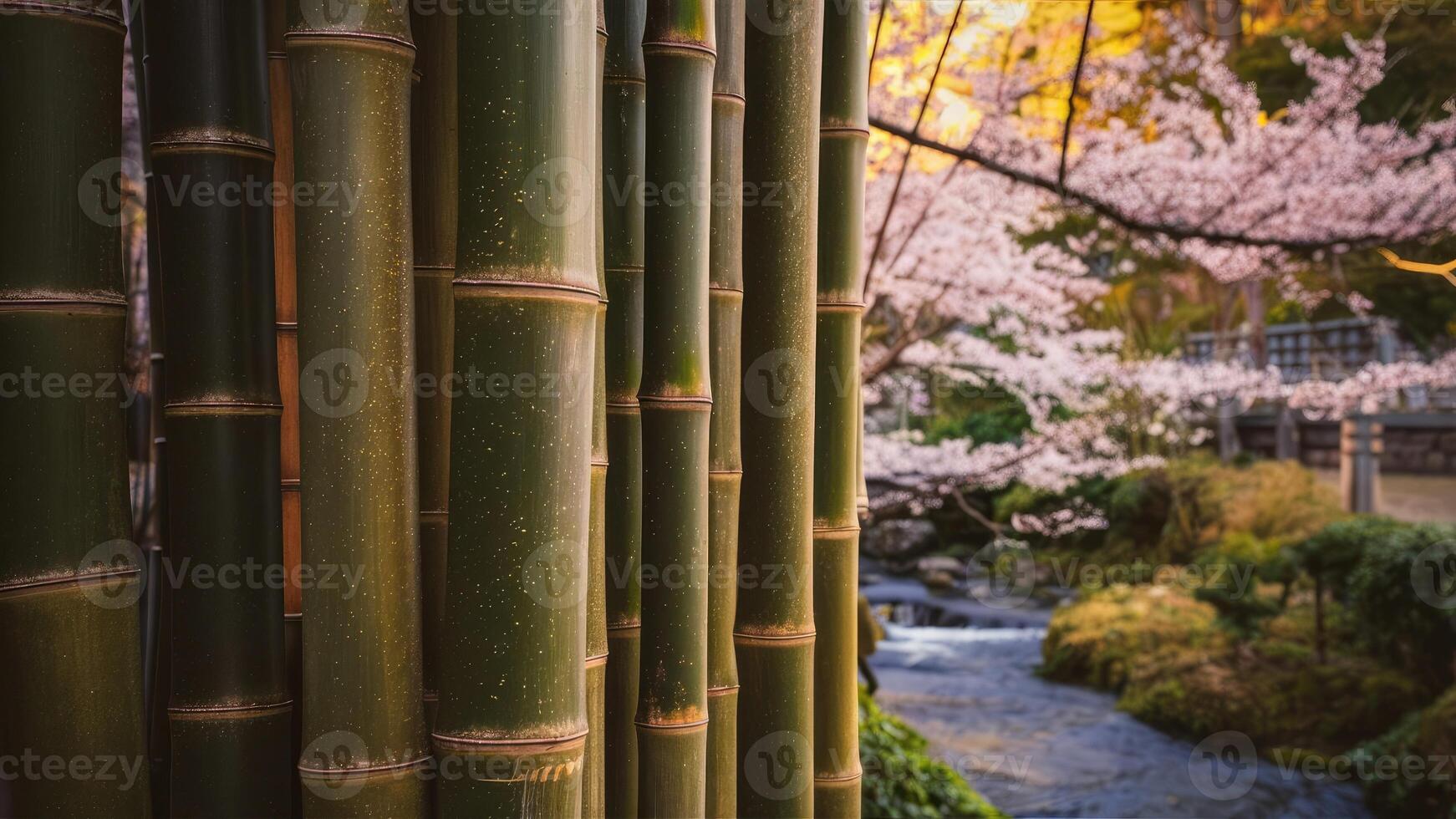 Stunning high-resolution bamboo forest photo, showing tall, slender bamboo stems with characteristic hollow tubes. photo