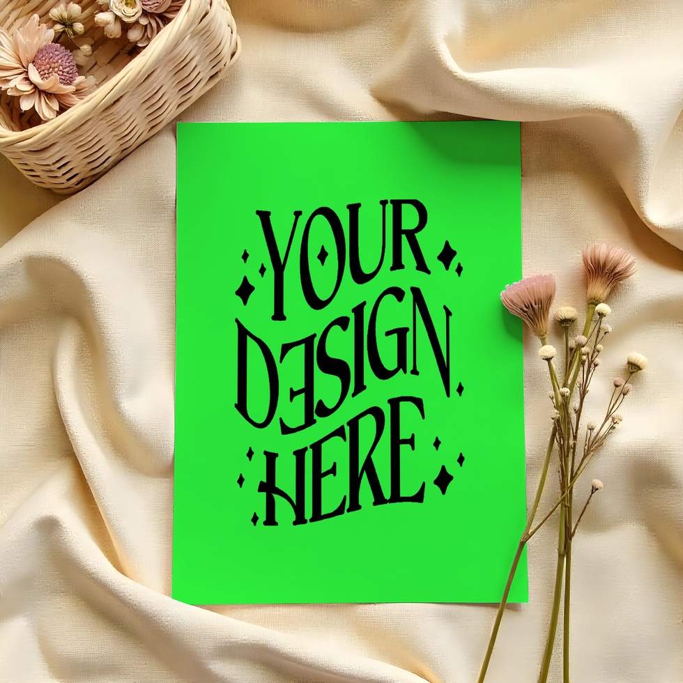 blank card with flower and basket ,card mockup on cloth background, green screen card mockup invitataion card, paper mockup psd
