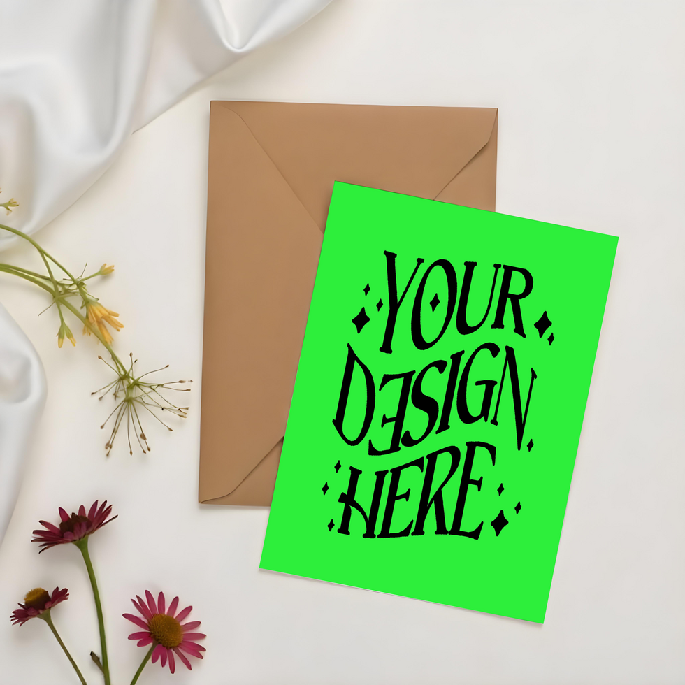 blank card with flower ,card mockup on cloth background, green screen card mockup invitataion mockup card, paper mockup psd