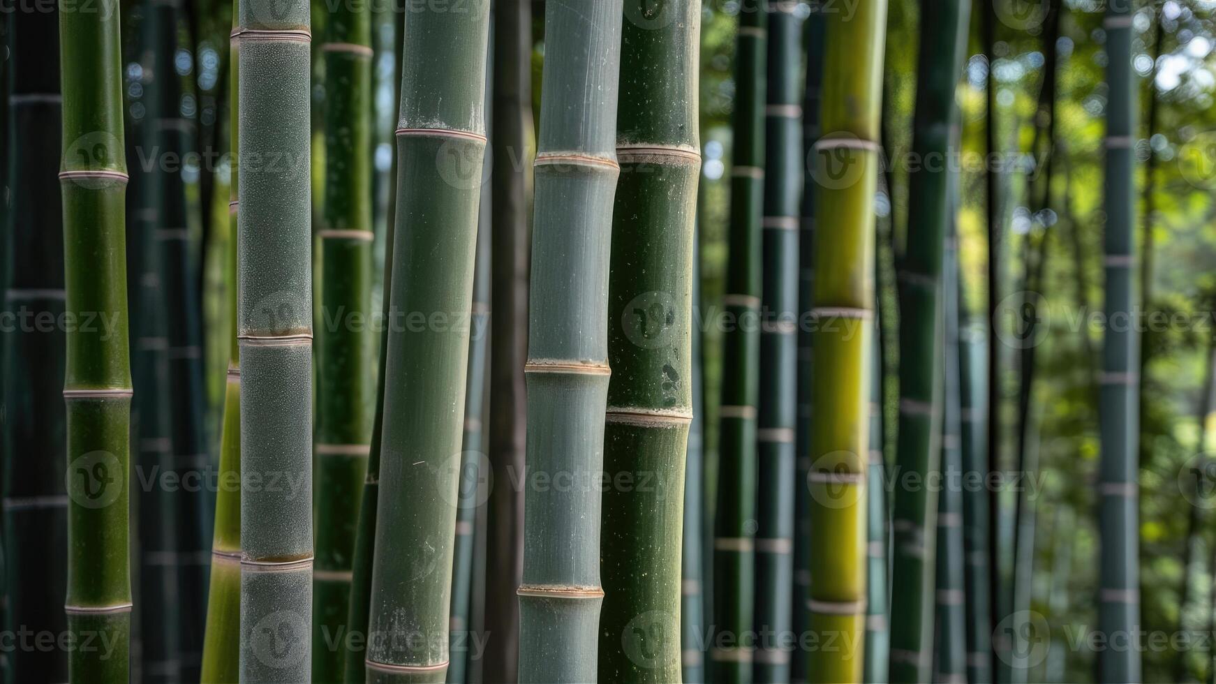 A charming photo of a textured bamboo grove, with sunlight filtering through the leaves