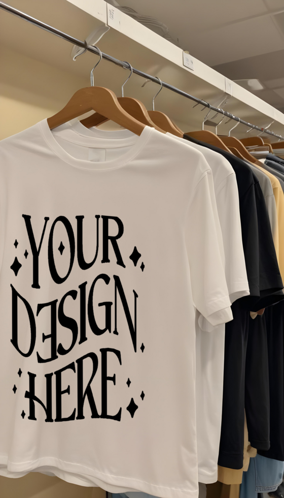 t-shirt mockup with hanger on store rack psd