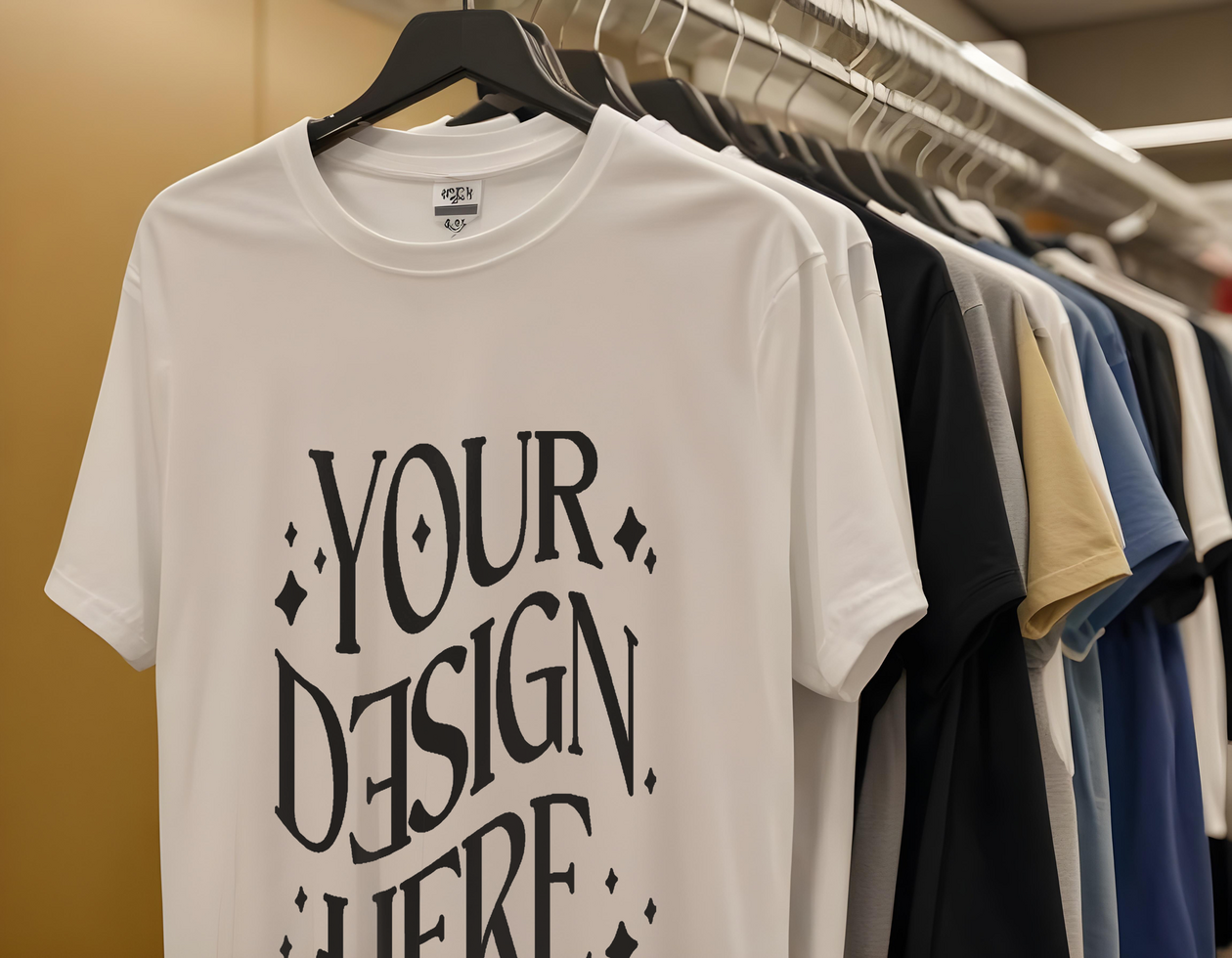 t-shirt mockup on store rack with hanger psd