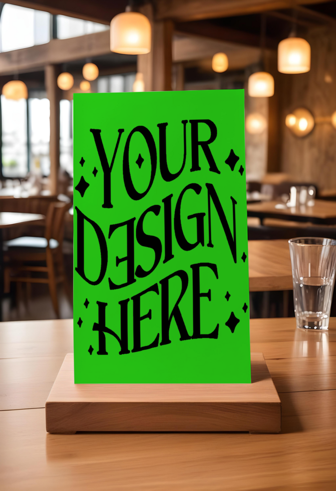 green screen card in table restaurant ,card mockup, green screen card mockup, menu mockup card, paper mockup psd