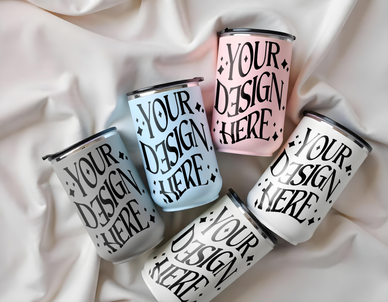 5 of colorful coffee cup mockups, with cloth background psd