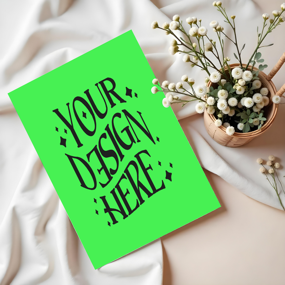 blank card with flower and basket ,card mockup on cloth background, green screen card mockup invitataion mockup card, paper mockup psd