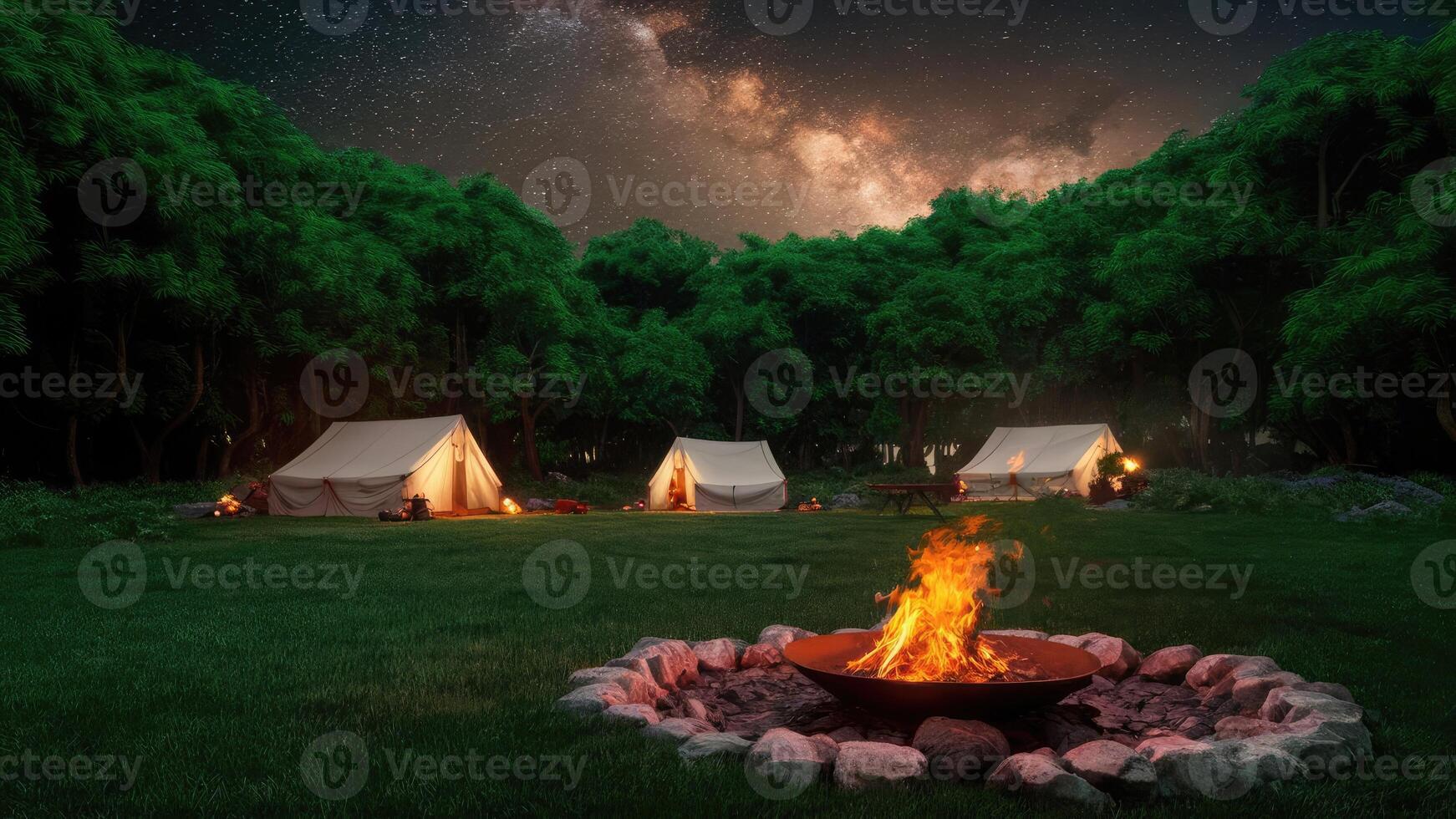 Wilderness Campsite with Bonfire in the forest photo