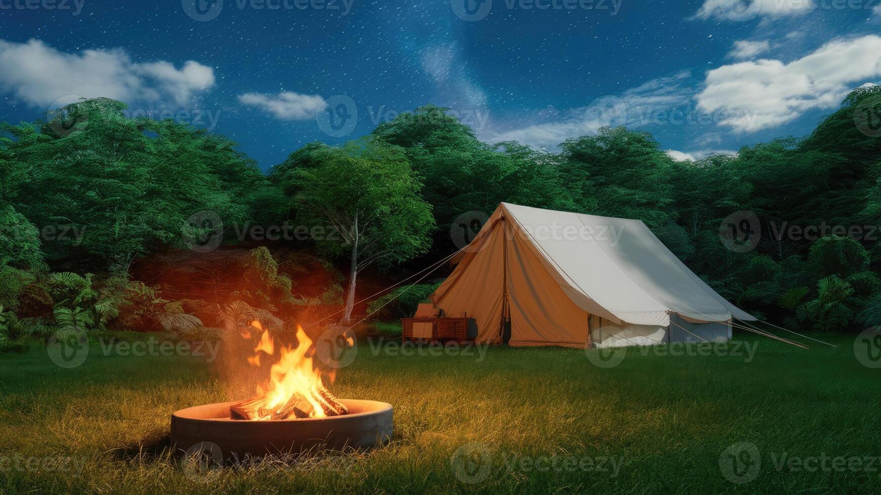 Rustic Tents and Evening Campfire Scene in the forest photo