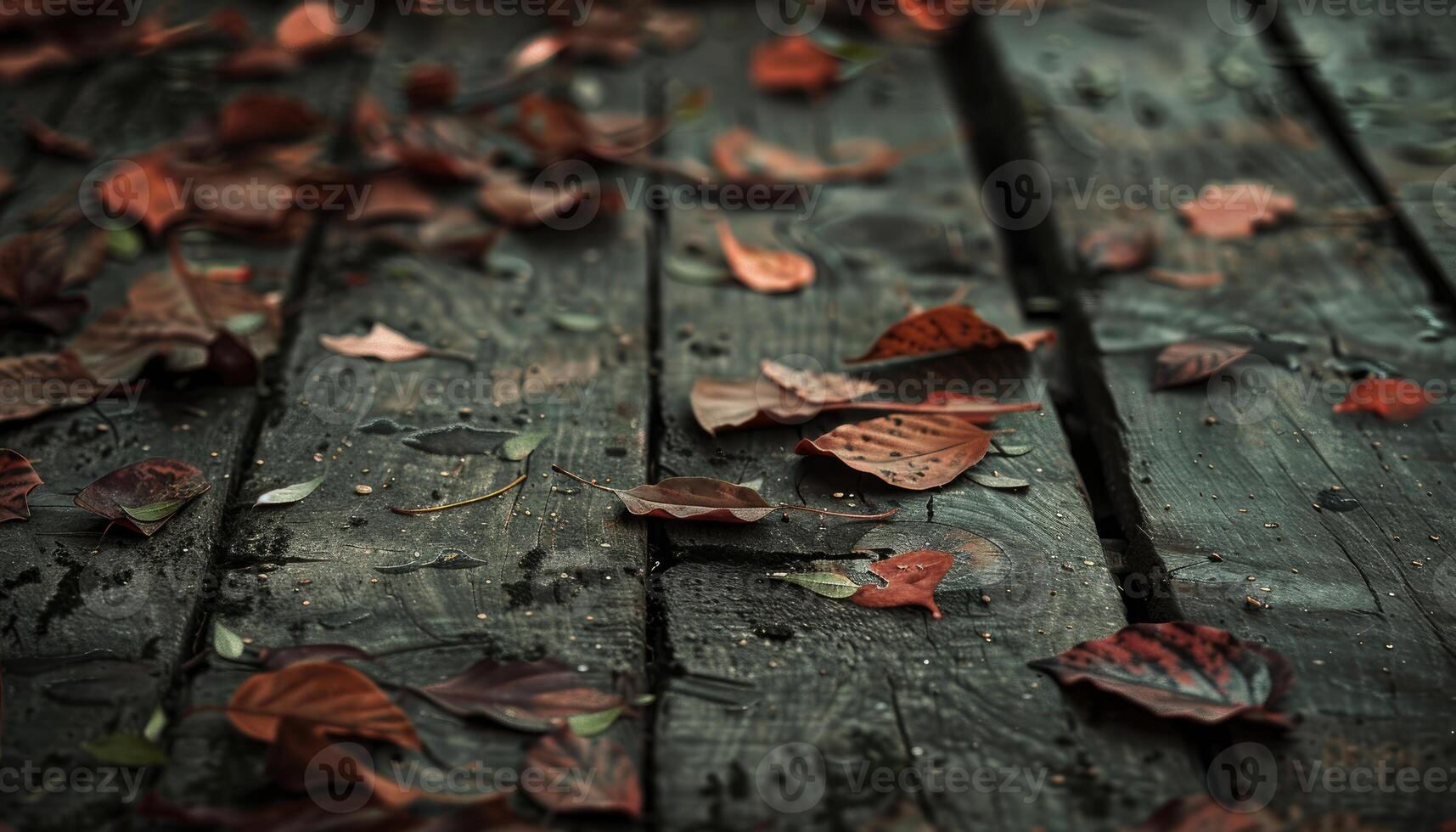 Autumn Leaves Scattered On Wooden Planks photo