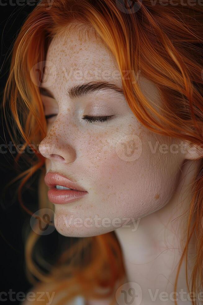 Redhead woman with freckles eyes photo