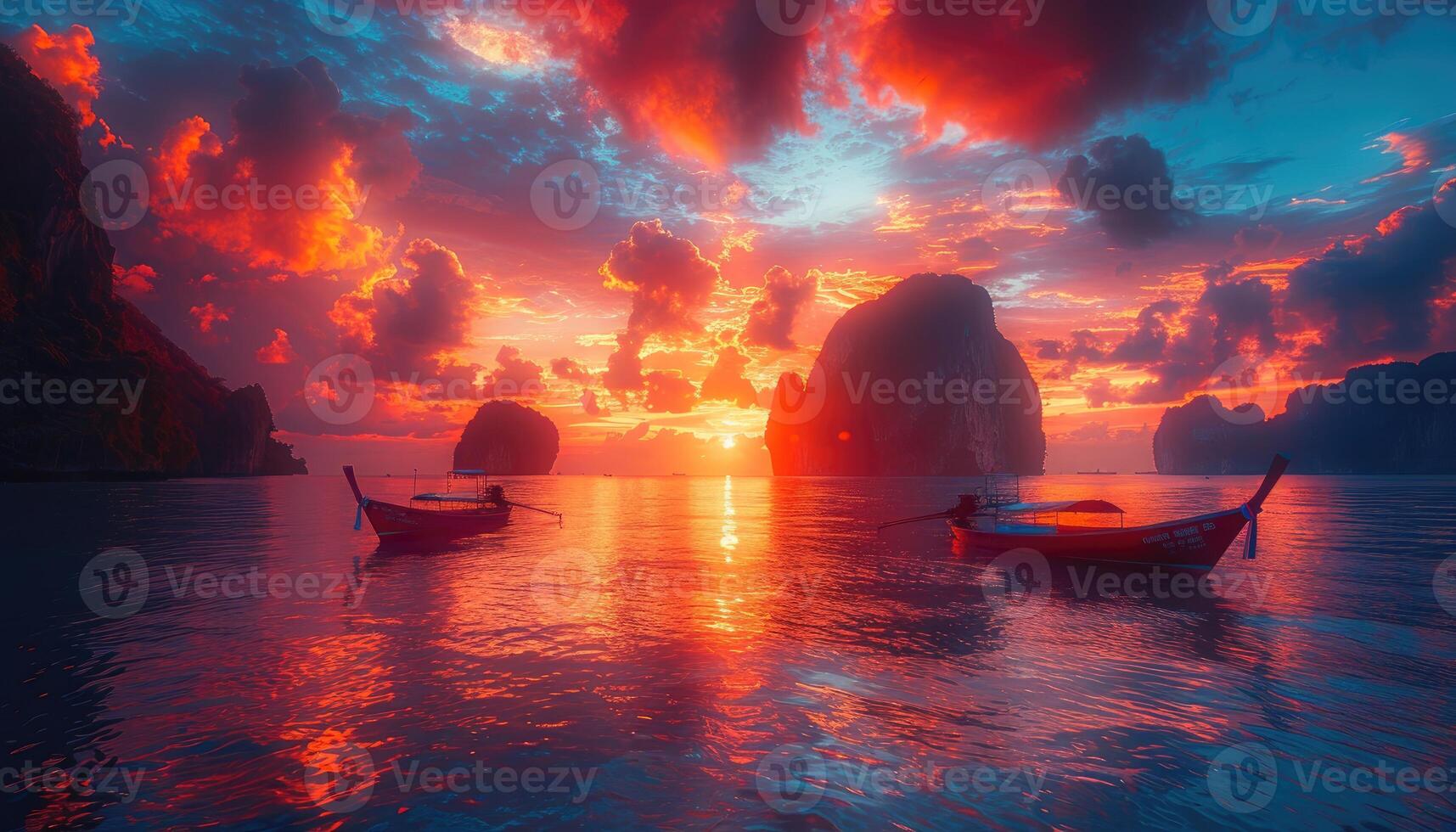 Sunset Over Calm Ocean With Longtail Boats photo