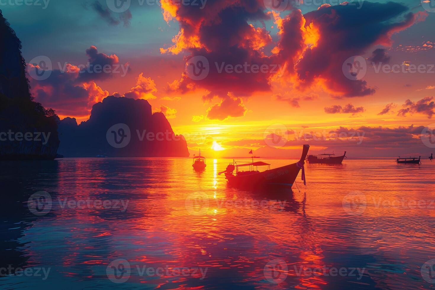 Vibrant Sunset Over Calm Ocean With Boats photo