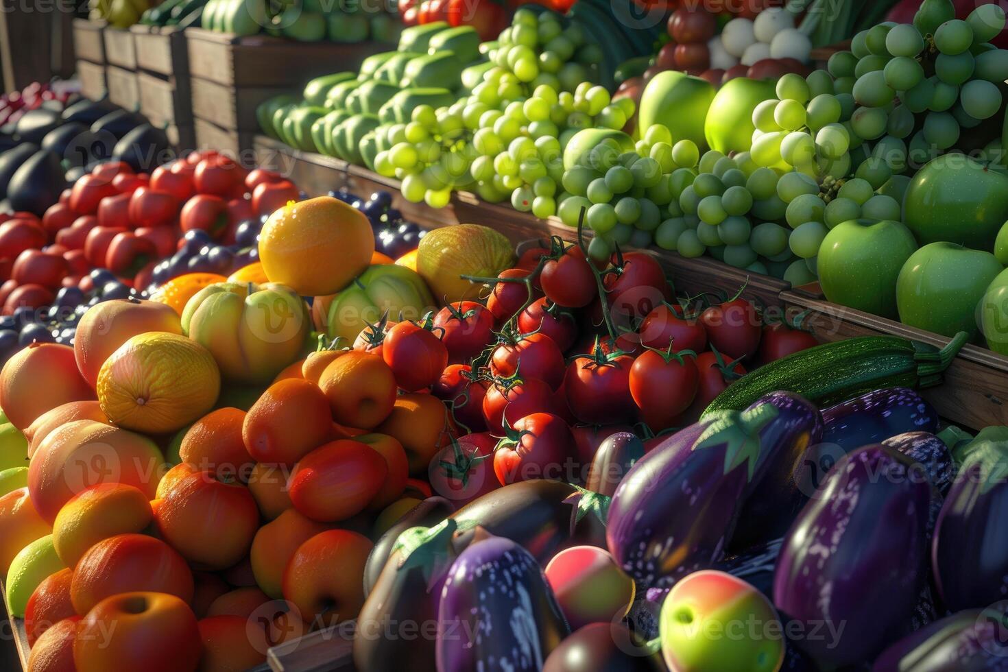 Colorful Fresh Produce Abundantly Displayed In Wooden Crates photo