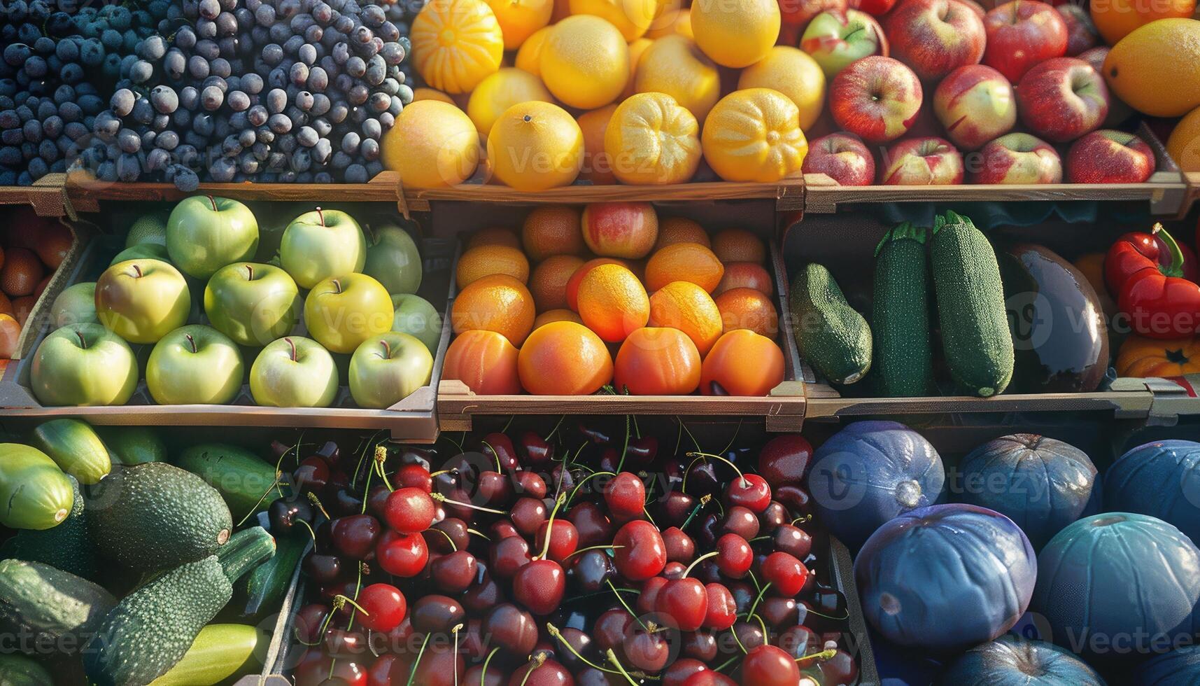 Fresh Fruits And Vegetables Displayed In Wooden Crates photo