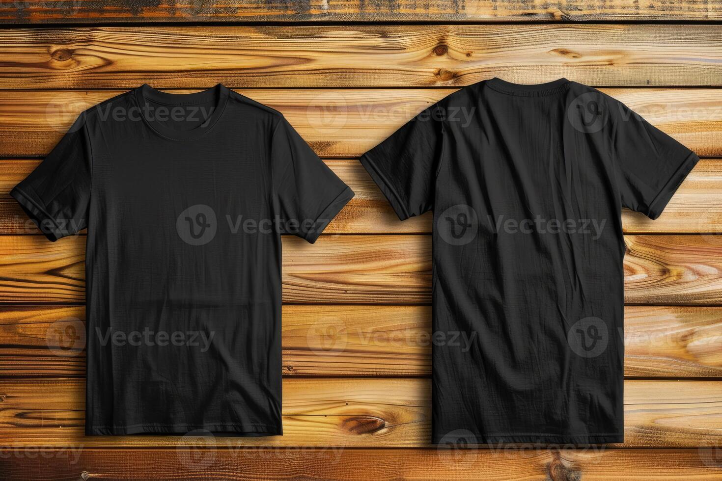 Black tshirt Front And Back On Wooden Background photo