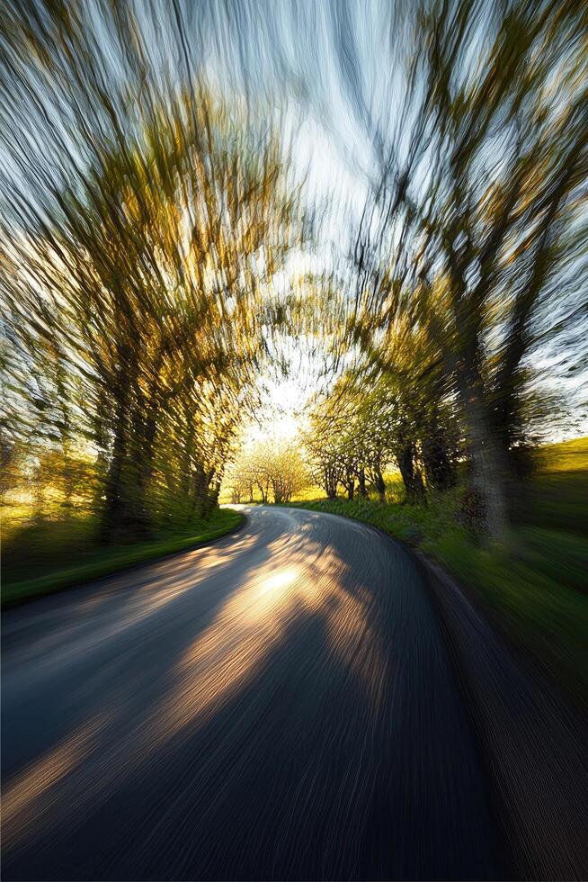 Sunlit Country Road Through Lush Green Trees photo