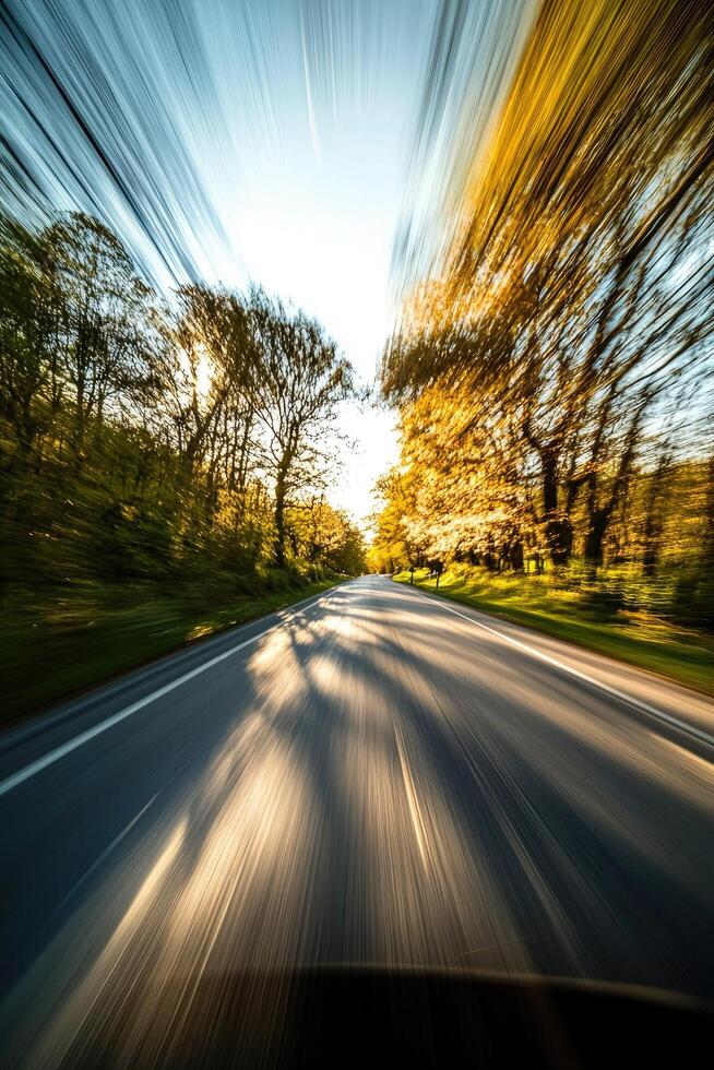 A Fast Drive Through Autumnal Trees on a Country Road photo