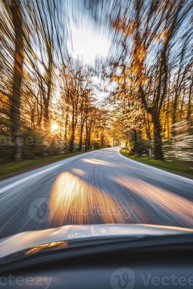 Sunset Drive Through Autumnal Forest Road photo