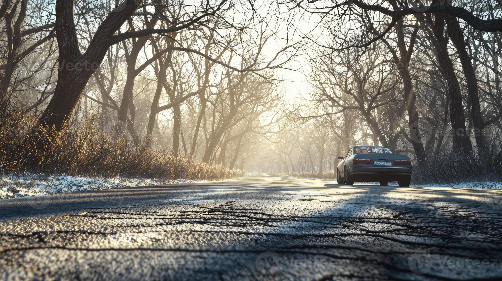 Classic Car Drives Through Snowy Winter Woods photo