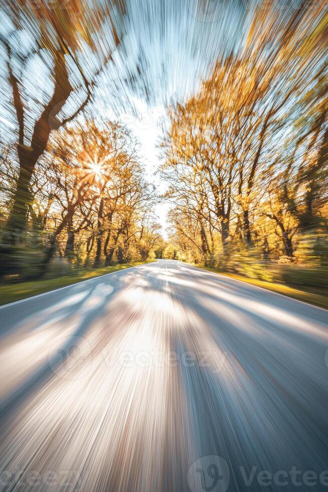Sunlit Road Through Autumn Trees Speeding View photo