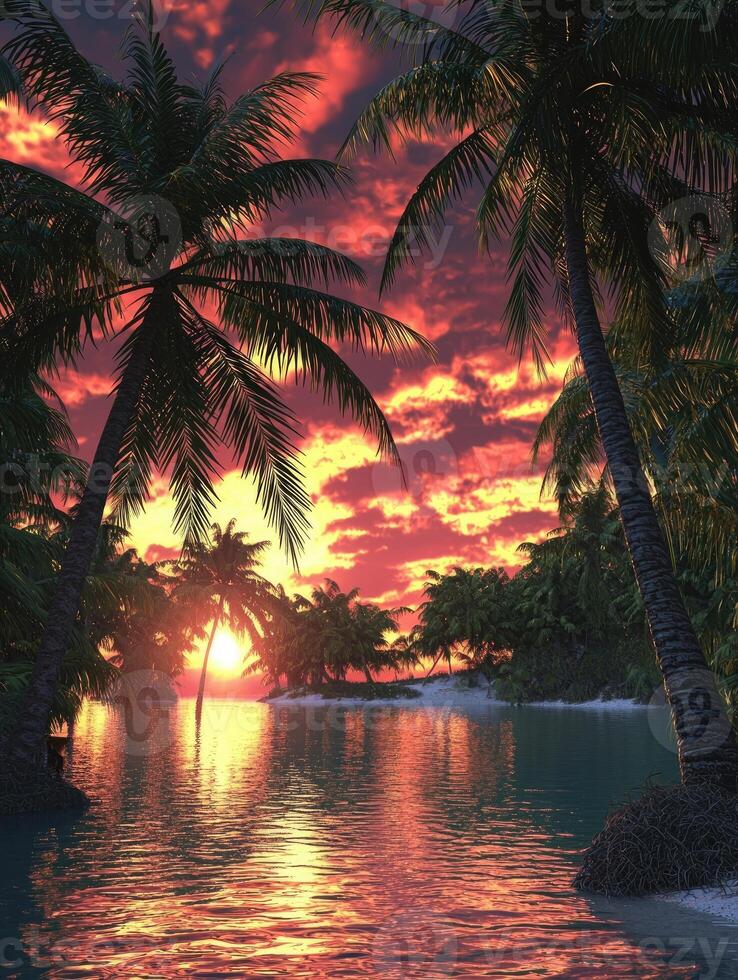 Tropical Sunset Paradise Island Palms Ocean photo