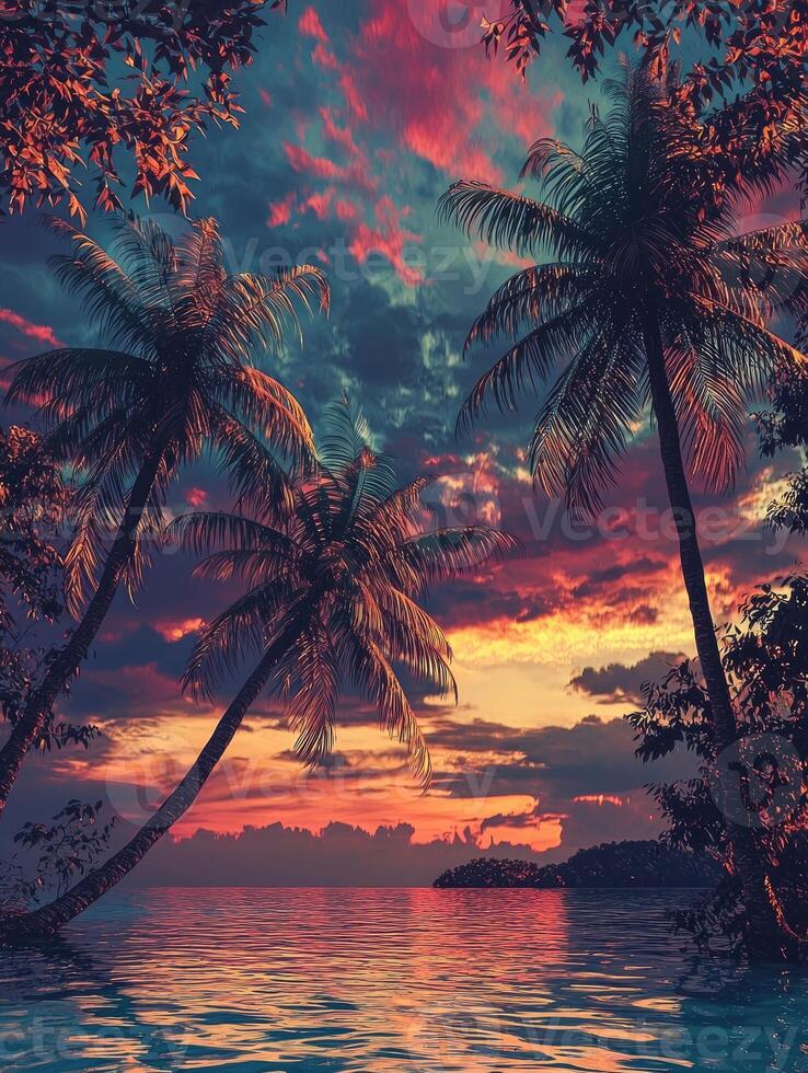 Tropical Sunset Scene with Palm Trees and Ocean photo