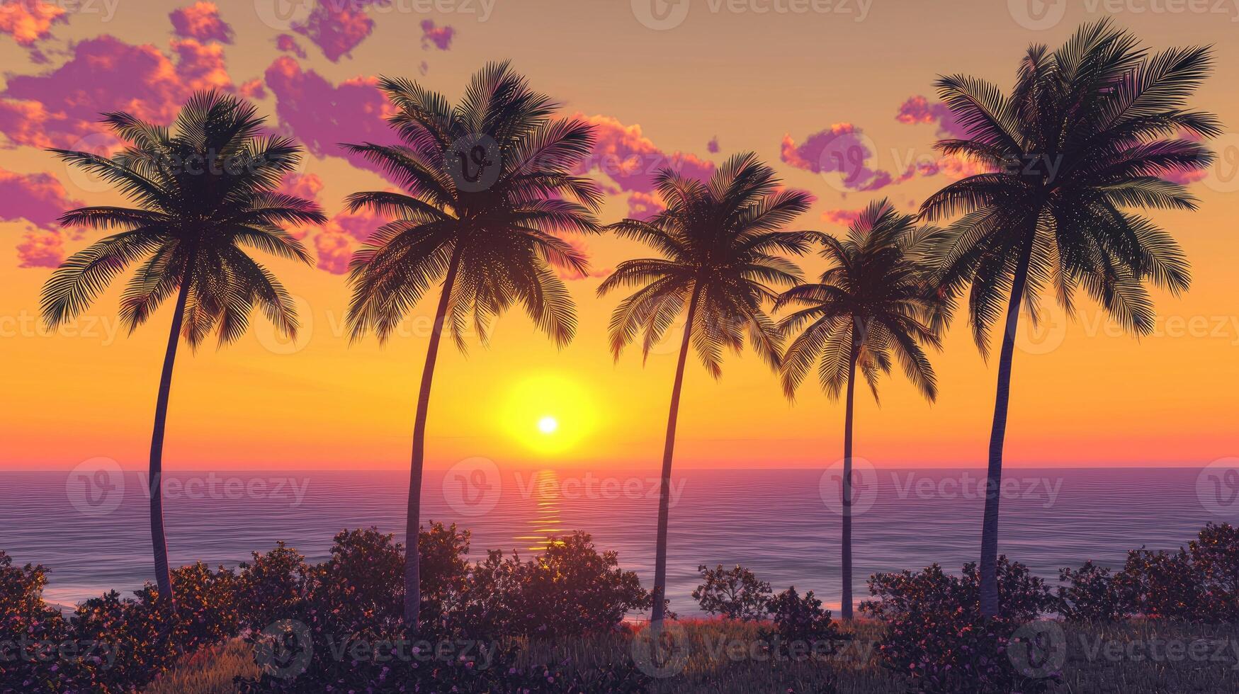 Sunset Scene with Palm Trees by the Ocean photo