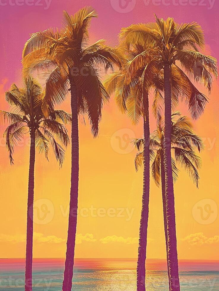 Tropical Palm Trees Silhouette at Sunset Over Ocean photo