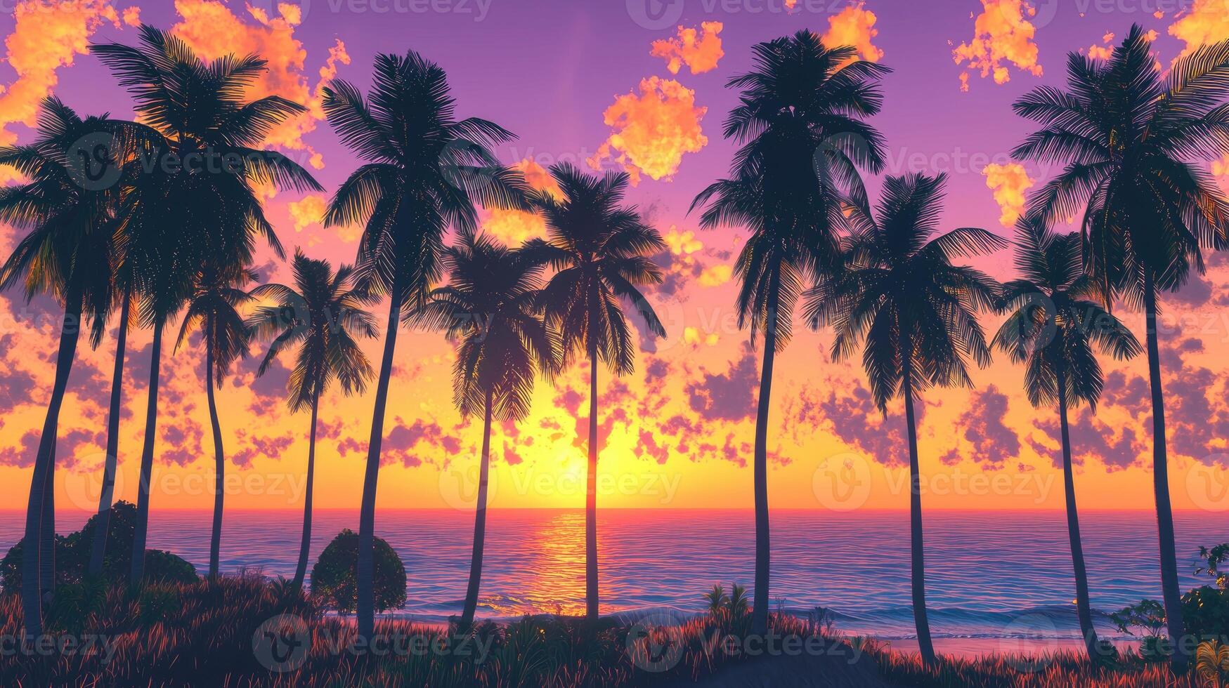Silhouetted Palm Trees at a Vibrant Sunset Ocean Scene photo