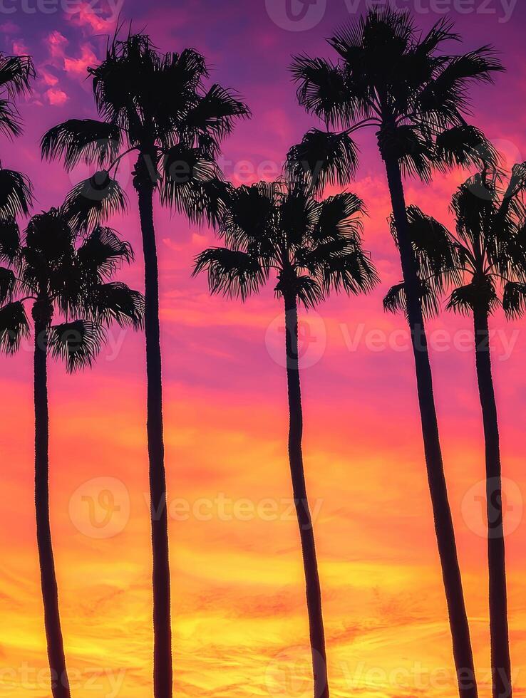 Silhouetted Palm Trees at Vivid Sunset Sky photo