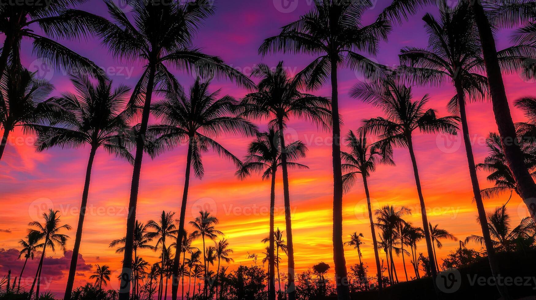 Vibrant Sunset Silhouette Palm Trees Tropical Paradise photo