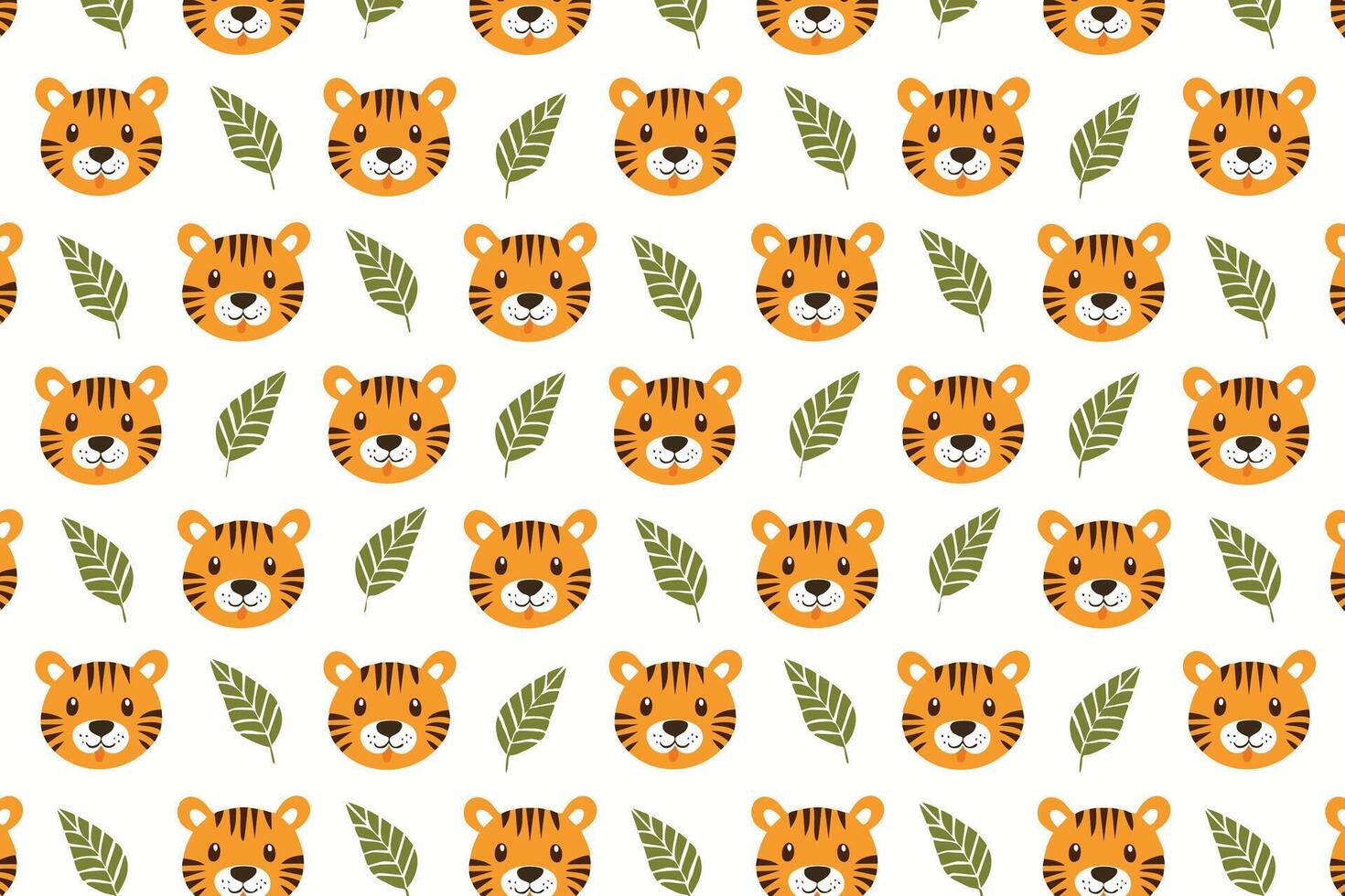 A pattern with tiger faces and leaves on white background vector