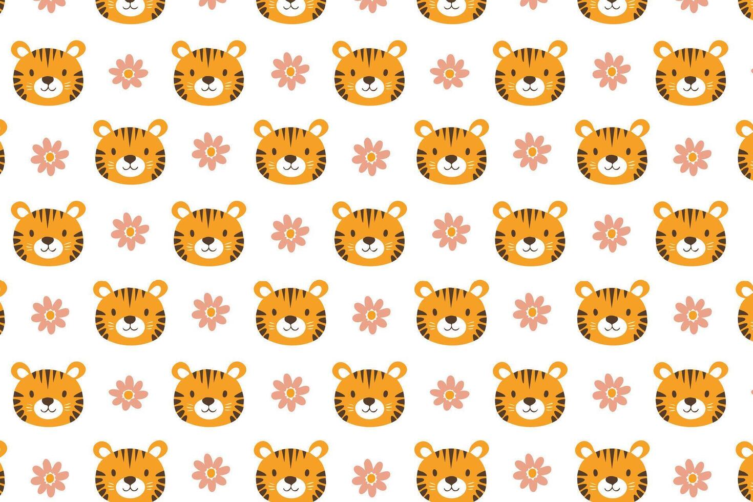 A pattern with a cute tiger's face and flowers vector