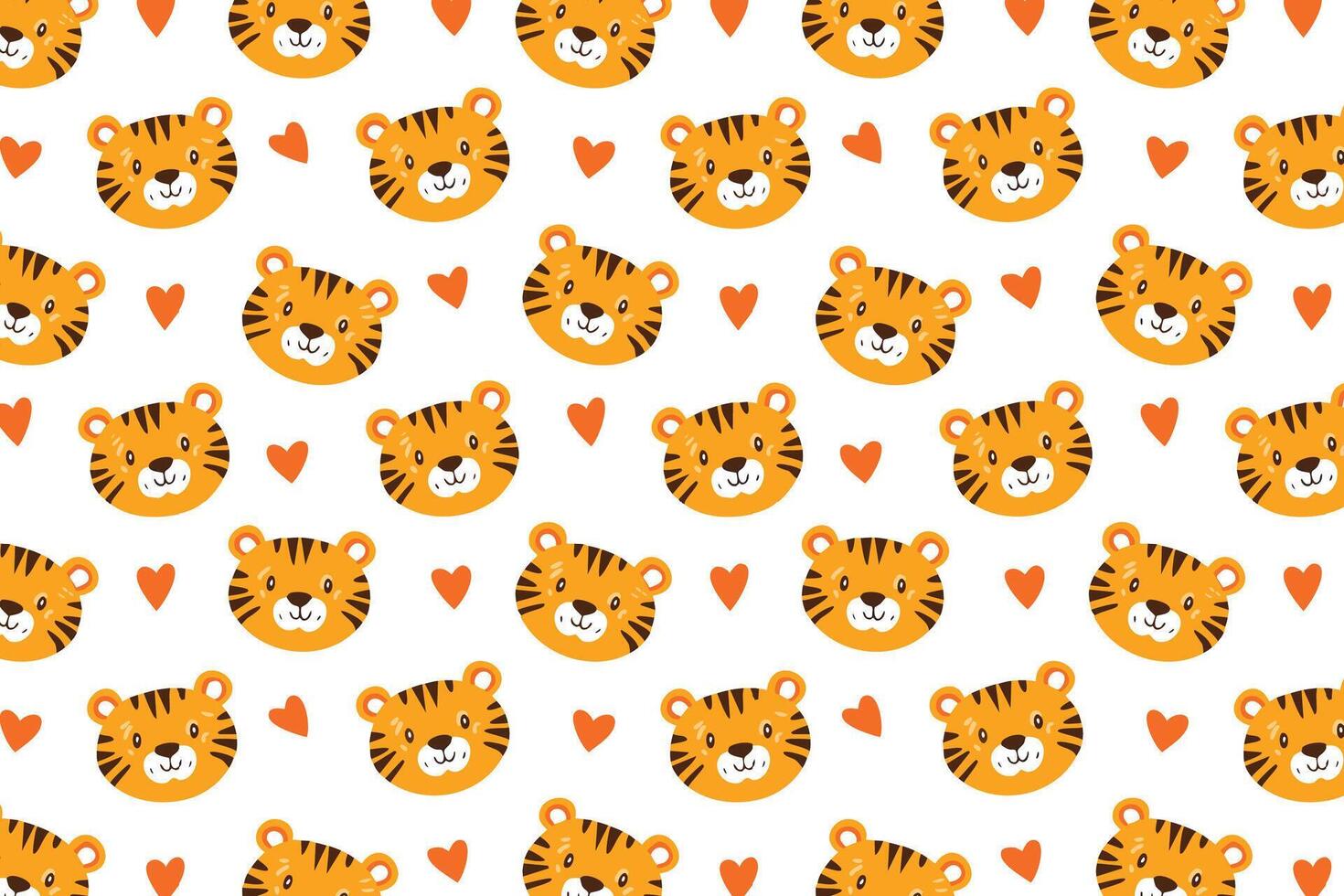 A pattern with cute tiger faces and hearts vector