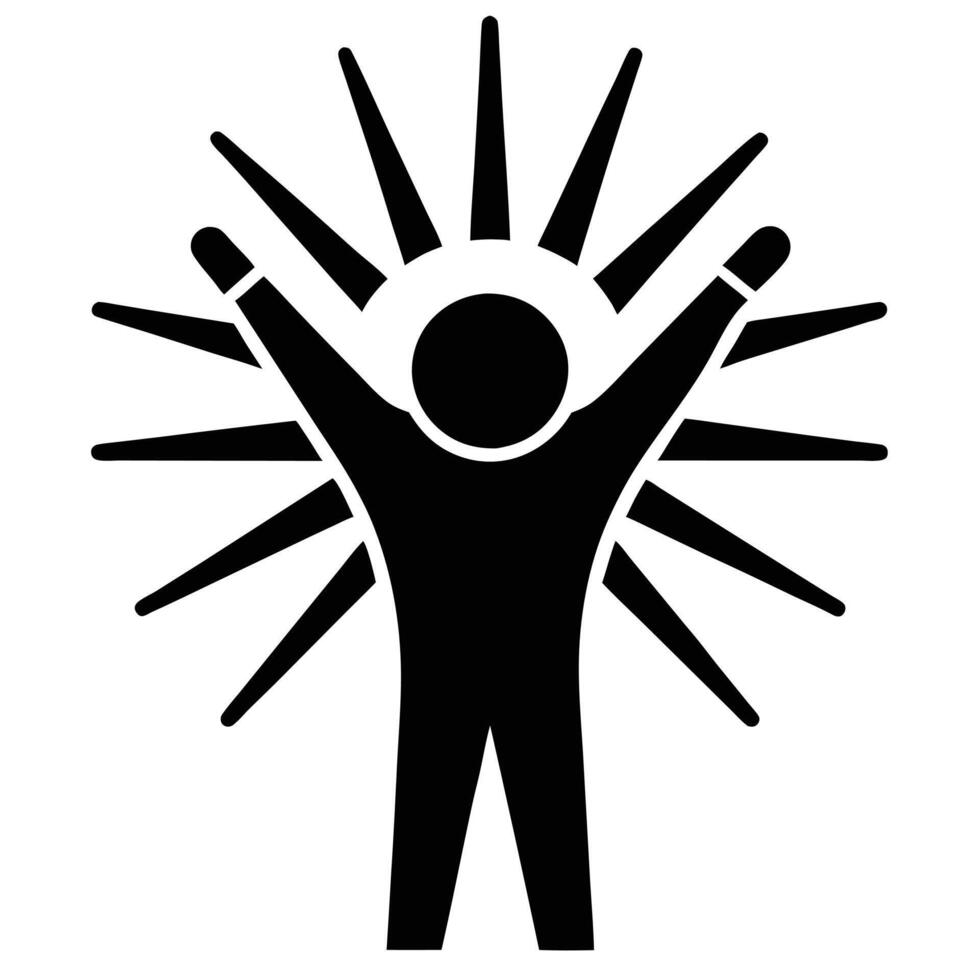 human figure, arms raised, radiating lines, circular head, energy burst, celebration pose vector