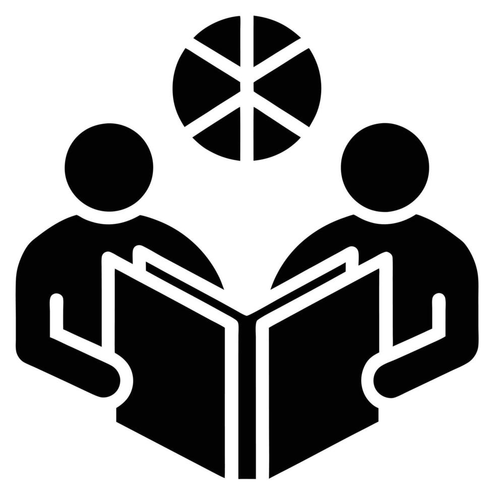 two people reading a book together, shared knowledge symbol black and white graphic vector