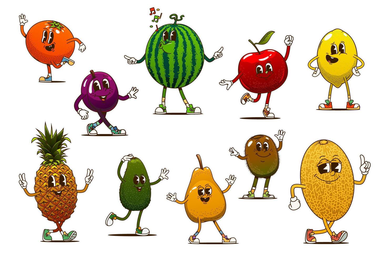 Cartoon retro groovy fruit characters dancing vector