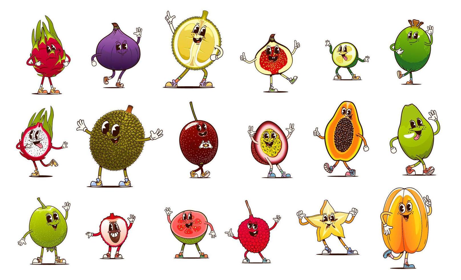 Cartoon groovy whole and half fruit characters vector