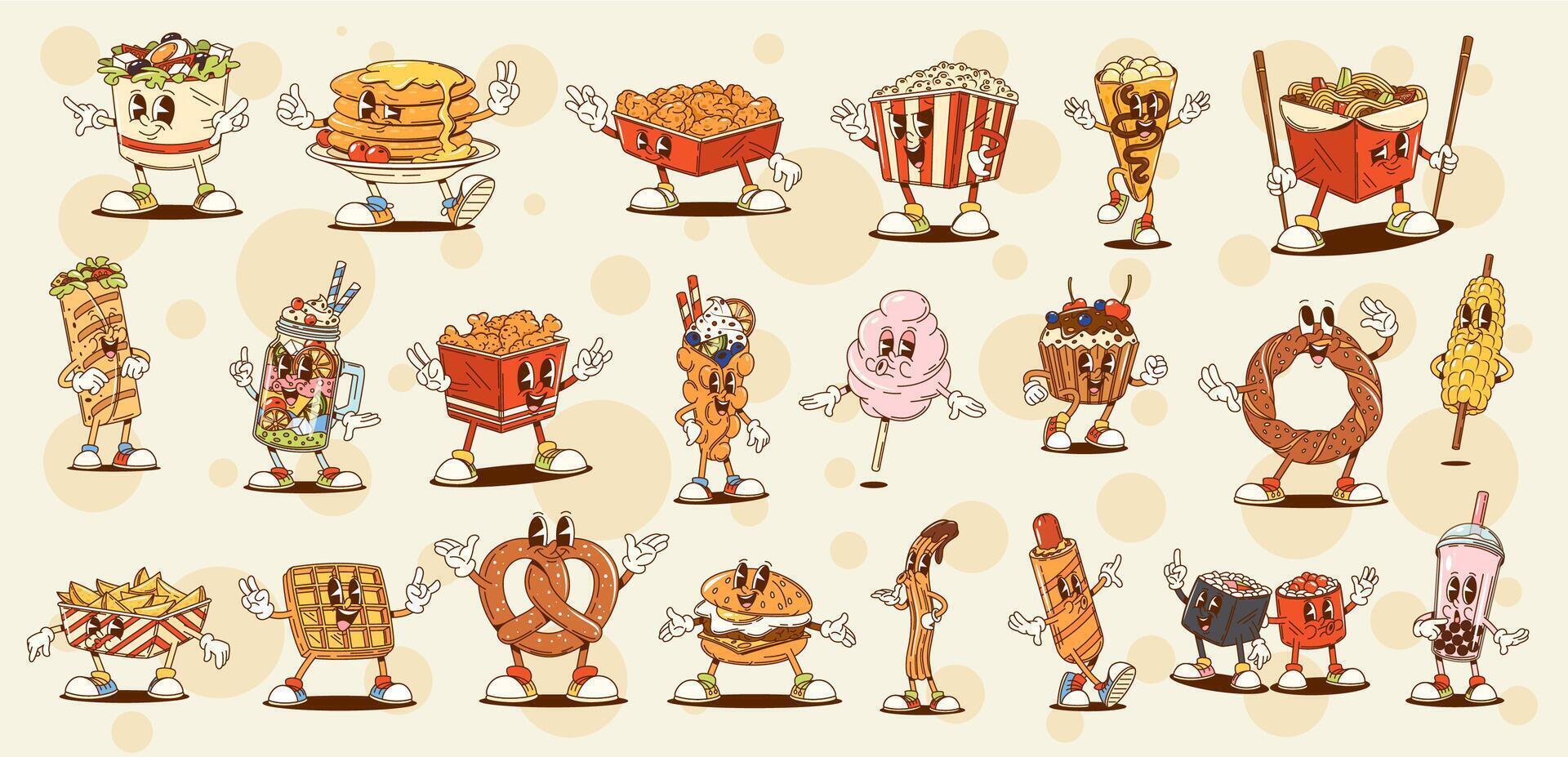 Groovy fast food burgers and drinks characters vector