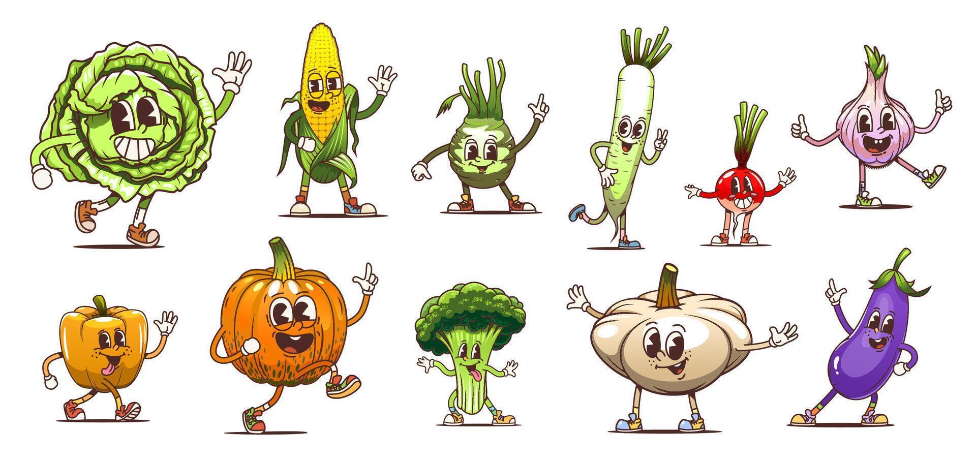 Cartoon groovy vegetable expressive characters vector