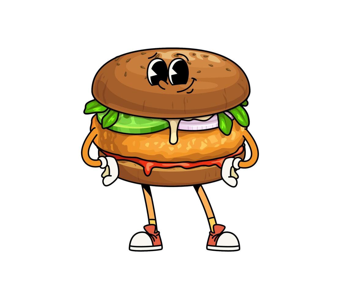 Groovy fast food burger character with funny face vector