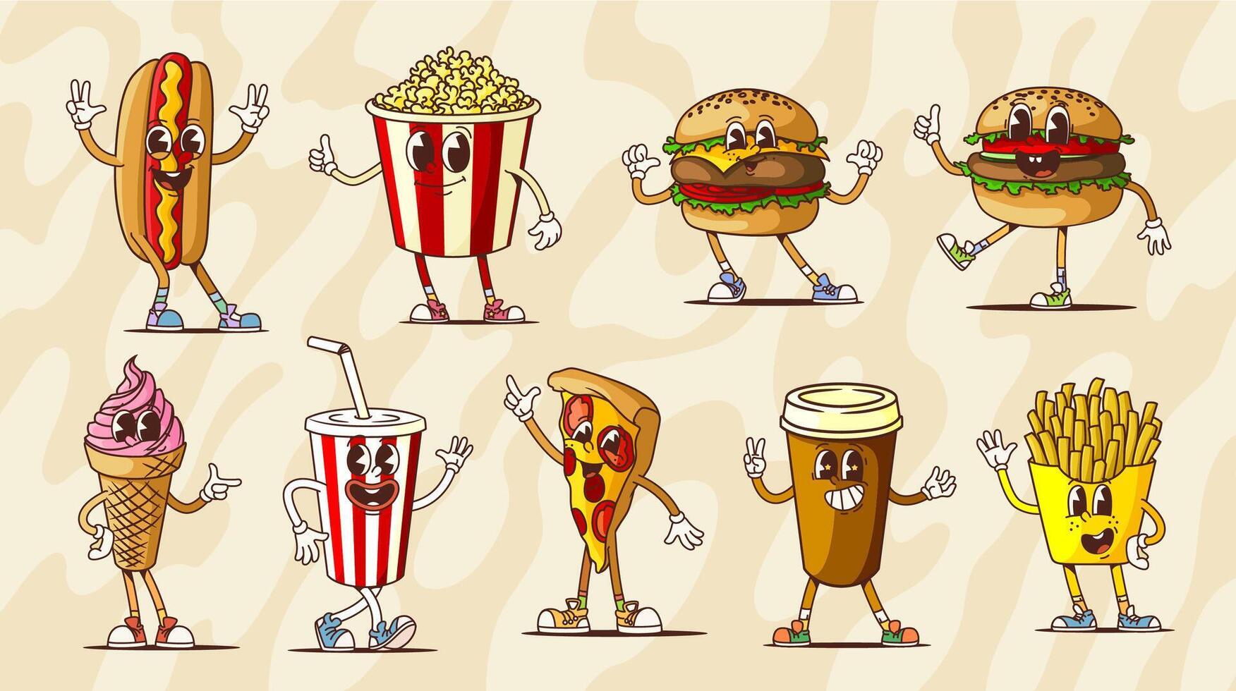 Retro groovy fast food cartoon funny characters vector