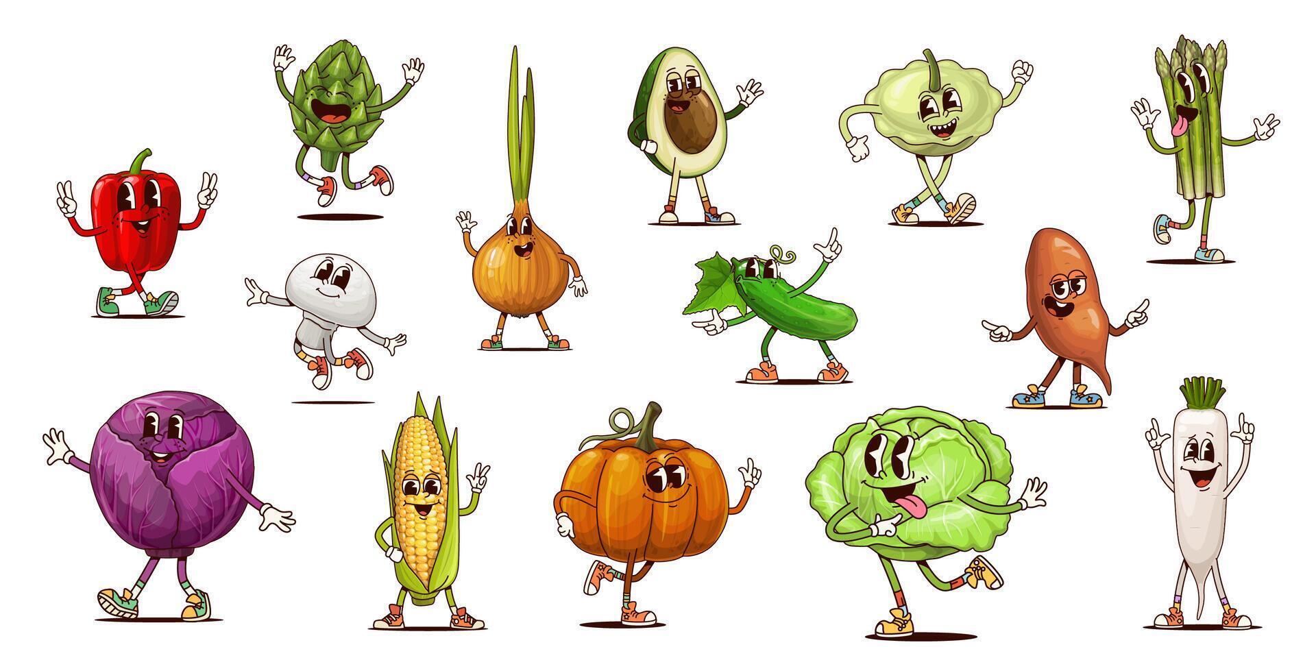 Groovy vegetable food characters, hippie veggies vector