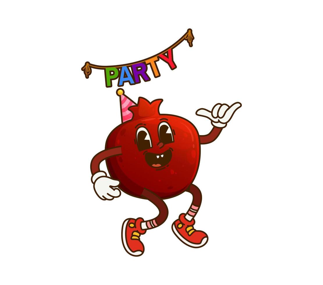 Cartoon groovy garnet fruit is ready to celebrate vector