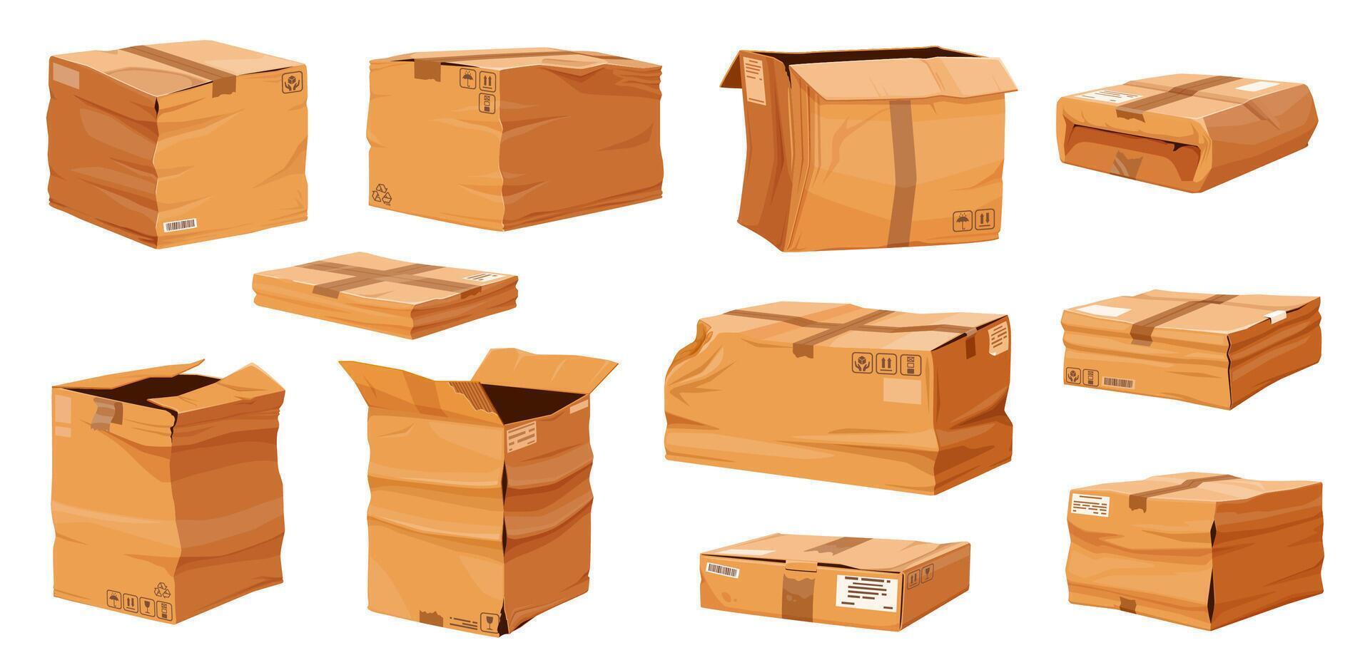 Damaged and crumpled cardboard boxes and parcels vector