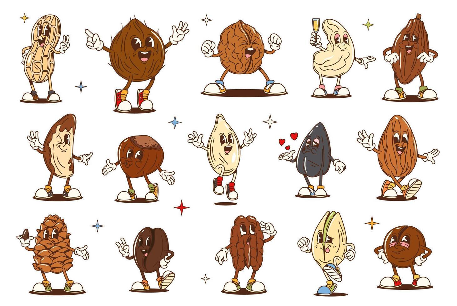 Cartoon nut groovy characters, seed and bean food vector