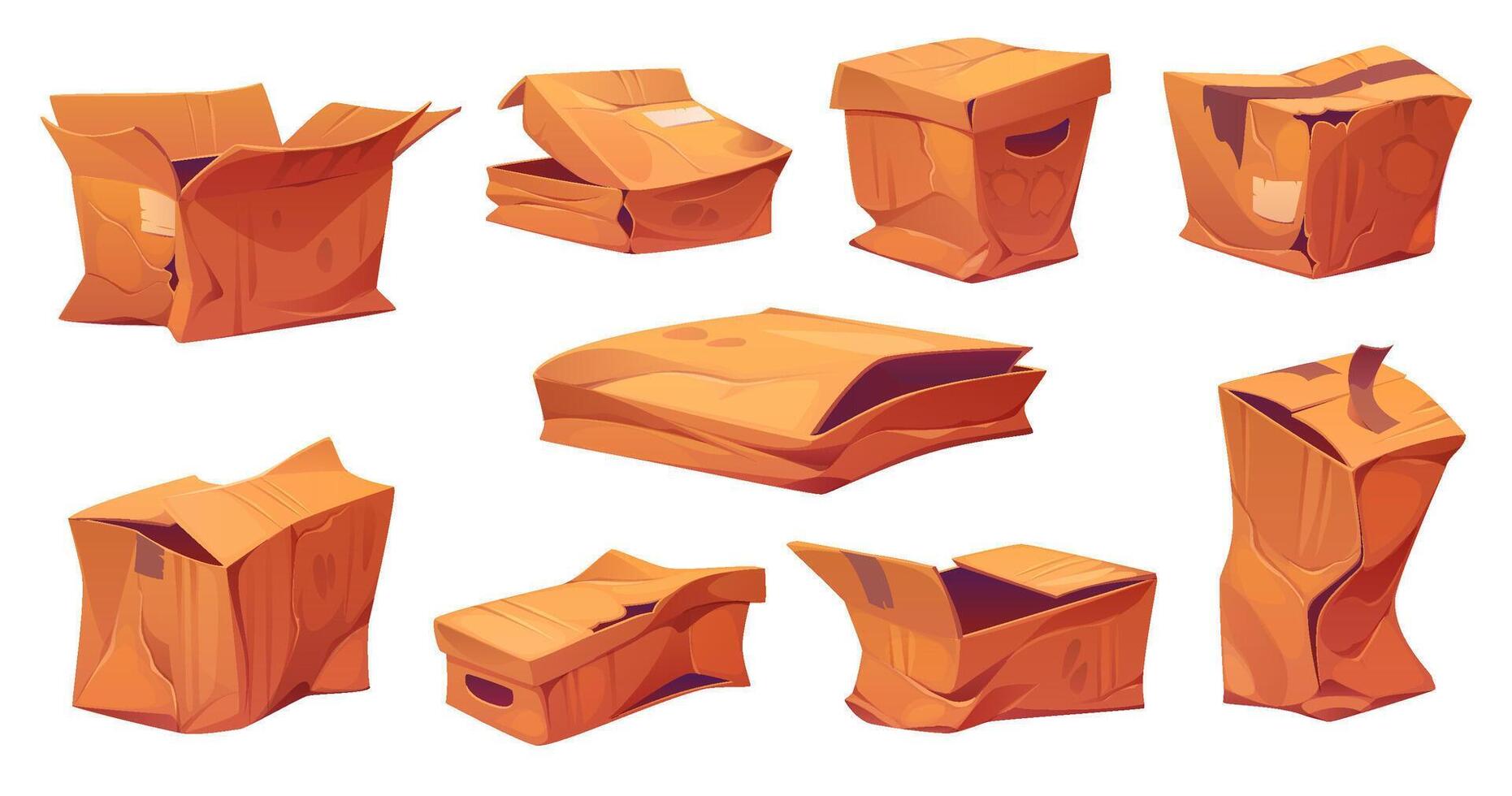 Broken, damaged and crumpled cardboard boxes vector