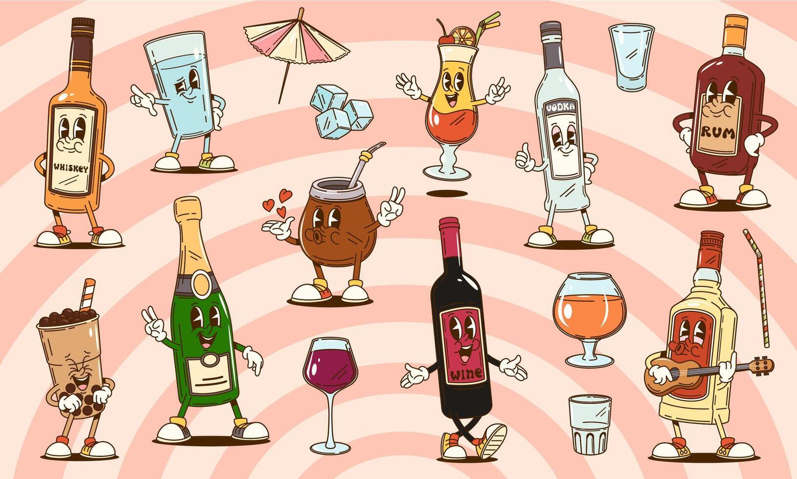 Groovy alcohol drinks, glass bottles characters vector